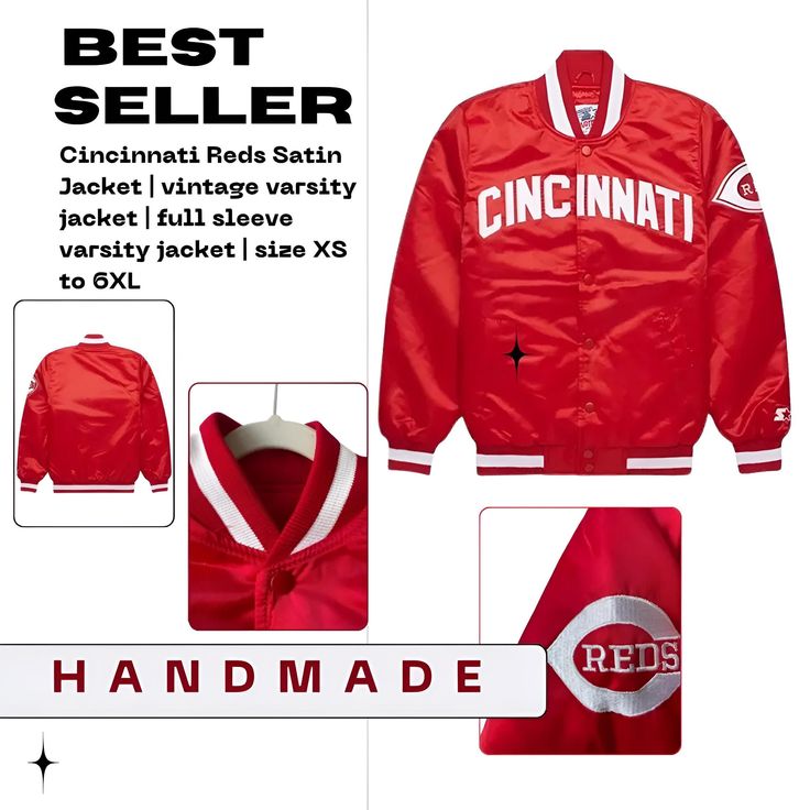 Cincinnati Reds Satin Jacket | vintage varsity jacket | full sleeve varsity jacket | size XS to 6XL  Specifications Material: Satin Pockets: Two Side, Two Inner Sleeves: Full Length Inner: Viscose Lining Hemline: Rib Knitted Cuffs: Rib Knitted Collar: Rib Knitted Style Color: Red Closure: Buttoned Game Day Long Sleeve Winter Track Jacket, Long Sleeve Track Jacket For Game Day In Winter, Winter Long Sleeve Track Jacket For Game Day, Varsity Long Sleeve Outerwear For Game Day, Varsity Long Sleeve Sport Coat For Sports Events, Long Sleeve Varsity Jacket For Game Day In Fall, Varsity Sport Coat For Sports Events With Long Sleeves, Long Sleeve Varsity Jacket For Fall Game Day, Collegiate Style Track Jacket For Game Day In Winter