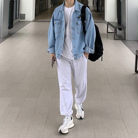 Light Blue Denim Jacket Outfit Men, Korean Fashion Men Jeans, White Denim Outfit Men, White And Denim Outfits Men, Minilistic Outfit, Light Blue Jacket Outfit Men, Light Blue Hoodie Outfit, Light Blue Denim Jacket Outfit, Light Blue Outfit Men