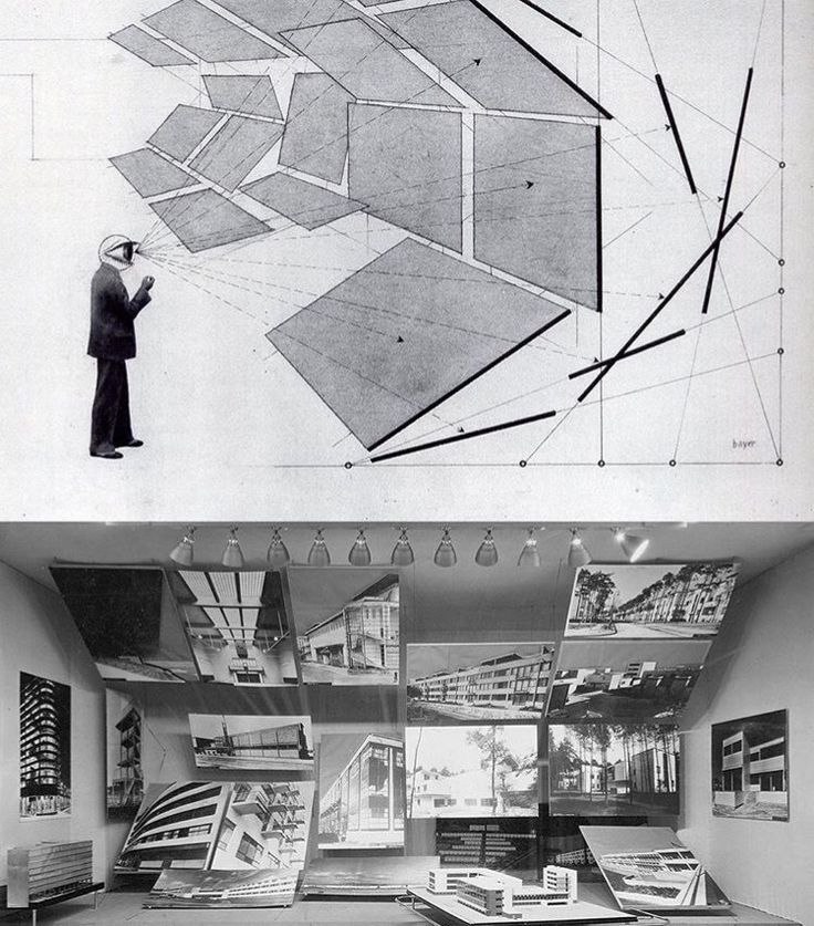 two pictures showing the inside and outside of a building with various architectural drawings on it