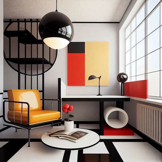 a modern living room with black and white flooring, yellow chair, red accents and art on the wall