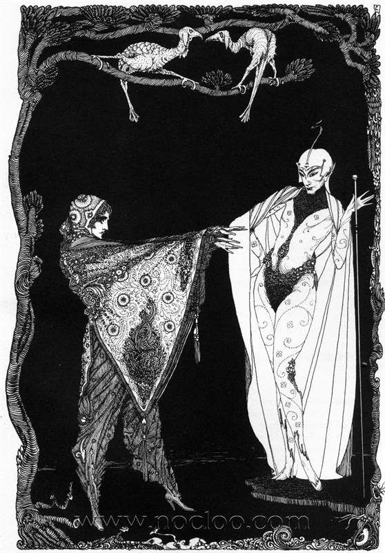 an image of a woman in costume standing next to a man with a skeleton on his back