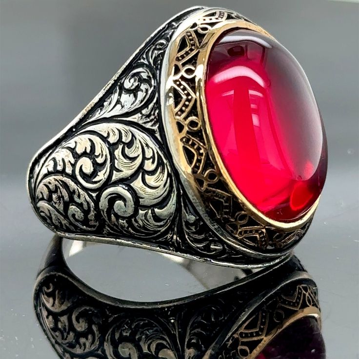 Silver Ruby Stone Ring , Engraved Man Handmade Silver Ring , Natural Ruby Ring , Red Stone Ring, Ottoman Style Ring , Gift For Him  ★Item Details * Gender : Male / Female * Material : 925K Sterling Silver * Total weight : 20 Grams * Gemstone : Ruby  Stone ✔ Ready to Ship in 1-2 Business Days .. ✔ Shipped to the Worldwide 1-5 business days with free shipping... ✔ The product will be sent to you with a handmade wooden box to avoid any damage during shipping... ✔ Visit our store, browse other Men's Antique Red Gemstone Signet Ring, Vintage Red Signet Ring, Classic Adjustable Red Ring, Red Metal Ring Jewelry For Anniversary, Antique Red Signet Ring For Anniversary, Red Intricate Design Jewelry For Gift, Adjustable Vintage Ruby Ring, Vintage Adjustable Red Ruby Ring, Classic Red Engraved Ring