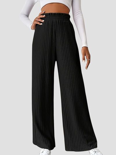 Solid Color Ribbed Wide-leg Pants, Solid Ribbed Wide Leg Pants, Solid Wide Leg Ribbed Pants, Full Length Solid Ribbed Pants, Full-length Solid Ribbed Pants, Solid Color Ribbed Full Length Pants, Solid Ribbed Full-length Pants, Ribbed High Waist Pants, High-waisted Pants With Ribbed Waistband