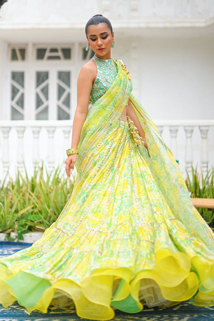 Neha – Sania Maskatiya International Green Silk Cutdana Dress, Green Silk Sets For Reception, Green Bohemian Set With Traditional Drape, Bohemian Green Set With Traditional Drape, Green Georgette Gown With Cutdana, Green Cutdana Georgette Gown, Green Georgette Gown With Cutdana Detail, Green Bohemian Anarkali Set, Green Cutdana Gown For Reception