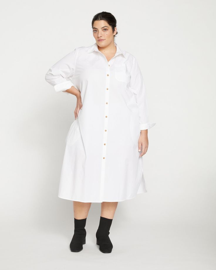 Odeon Stretch Poplin Shirtdress - White | Universal Standard Classic White Shirt Dress For Work, White Collared Shirt Dress For Work, White Spread Collar Shirt Dress For Office, Collared Cotton Shirt Dress With Button Cuffs, Cotton Shirt Dress With Button Cuffs And Collar, Cotton Collared Shirt Dress With Button Cuffs, Elegant White Shirt Dress With Placket, Collared Cotton Shirt Dress With Button Closure, Cotton Shirt Dress With Collared Neckline And Buttons