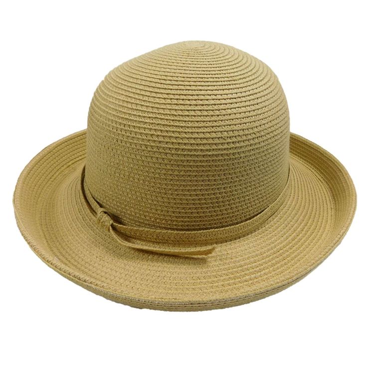 Up turned, kettle, brim hat with dome crown. Shapeable 3" wide brim. Soft cotton and polyester blend paper braid hat. Self-tie. UPF50+ sun protection hat. Packable, crushable travel hat. One size fits most. 65% paper straw, 15% polyester, 25% cotton. Lightweight Beige Travel Hat, Lightweight Solid Color Brimmed Straw Hat, Lightweight Solid Brimmed Straw Hat, Lightweight Solid Color Brimmed Panama Hat, Solid Color Short Brim Summer Sun Hat, Solid Color Summer Sun Hat With Short Brim, Wide Brim Travel Sun Hat, Lightweight Straw Hat With Curved Brim, Uv Protection Straw Hat With Curved Brim