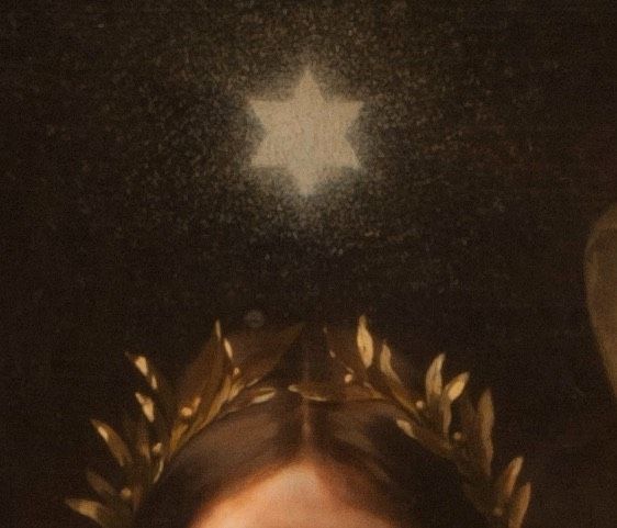 a painting of a woman with a crown on her head and stars above her head