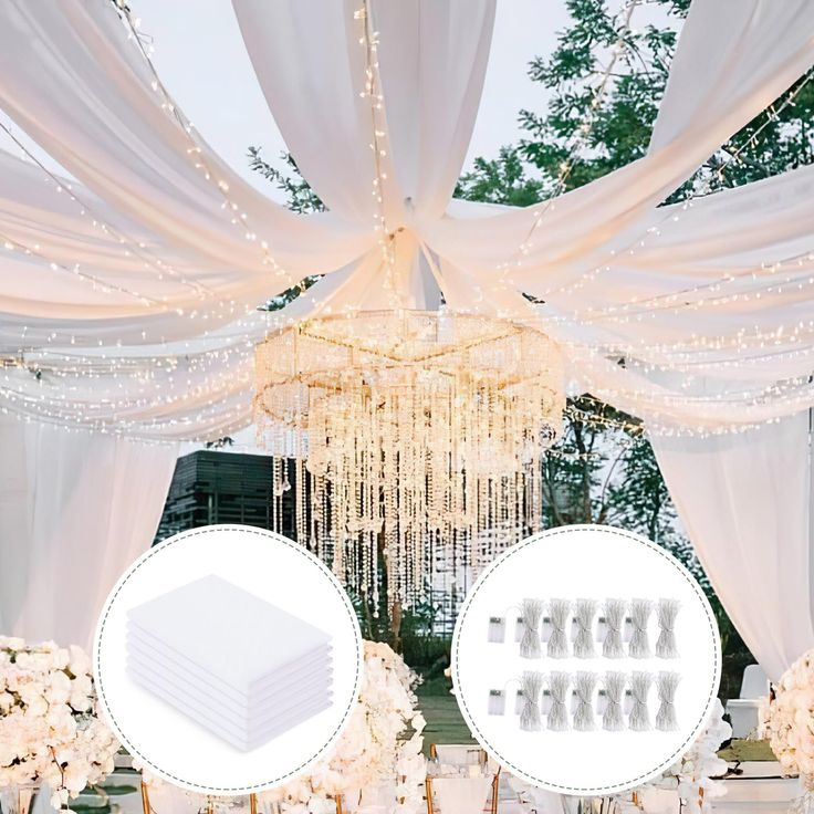 an image of a wedding set up with chandelier and white draping