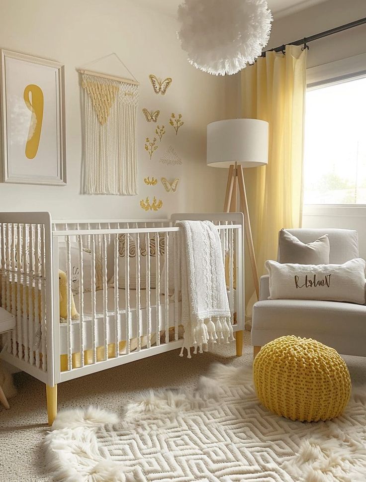 a baby's room with yellow and white decor