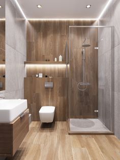 a modern bathroom with wooden flooring and walls