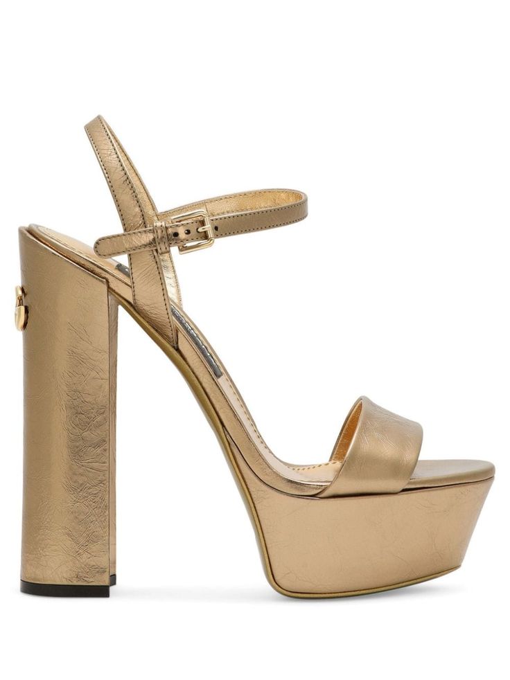 gold-tone calf leather metallic effect buckle-fastening ankle strap logo plaque branded leather insole round open toe platform sole 105mm high block heel Gold Red Wedding, Wedding Shoes Designer, Red Wedding Shoes, Tone Calves, Womens Chunky Heels, Leather Platform Sandals, Dolce E Gabbana, Strap Dress, Platform Shoes