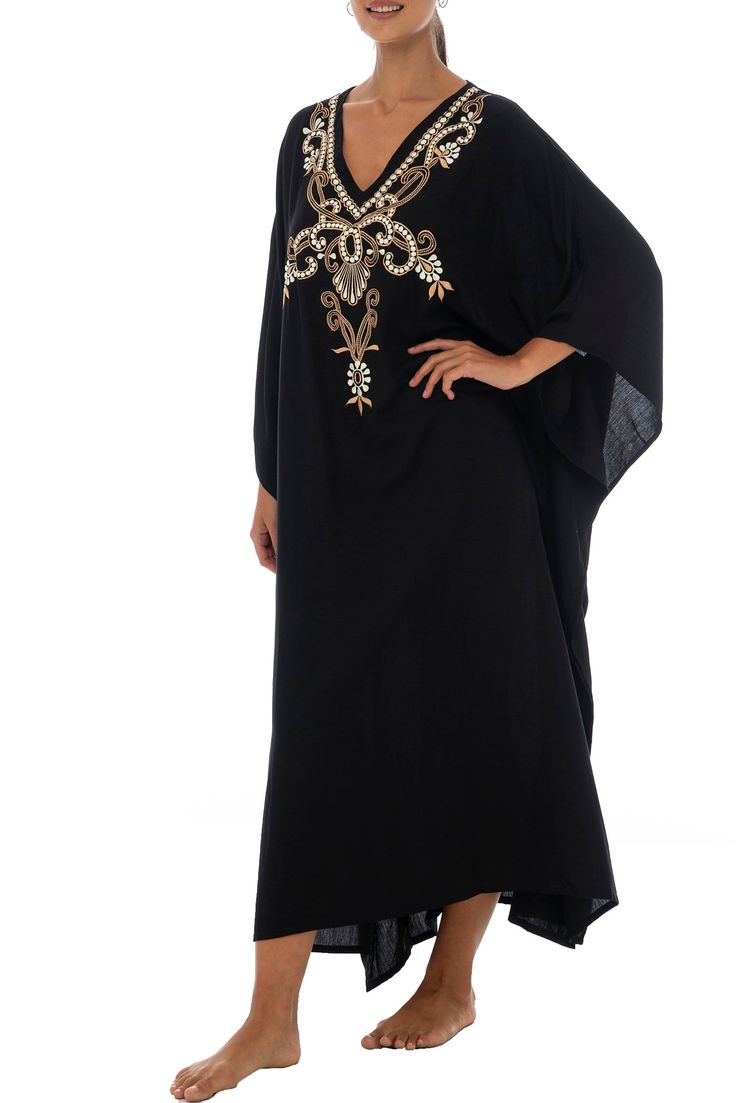 Add a tribal twist to your beach time in this black and gold summer maxi swimwear cover up. Zigzag embroidery adds a spicy accent to this long beach caftan, with a casual vacation vibe and a loose flowy fit that works beautifully on plus sizes. It offers great sun coverage, and is so easy to wear for cruises, lounging, vacation or relaxing days at the beach. Back From Bali is dedicated to creating beautiful, quality clothing with a heart. All of our items are crafted, sewn and painted by hand in Bali, by local artists and women who own small home businesses. For over 20 years, we have nurtured fair, honest and caring relationships with our artisans and their families – so you can feel as good about wearing our products as they feel about making them. Make waves in this black summer maxi sw Grey Swimsuit, Beach Caftan, Loungewear Dresses, Make Waves, Summer Maxi, Tie Dye Dress, Dyed Dress, Beach Time, Women Maxi