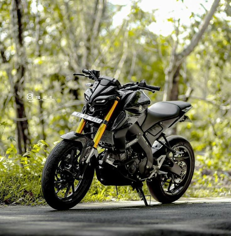 the motorcycle is parked on the side of the road near some trees and bushes in the woods