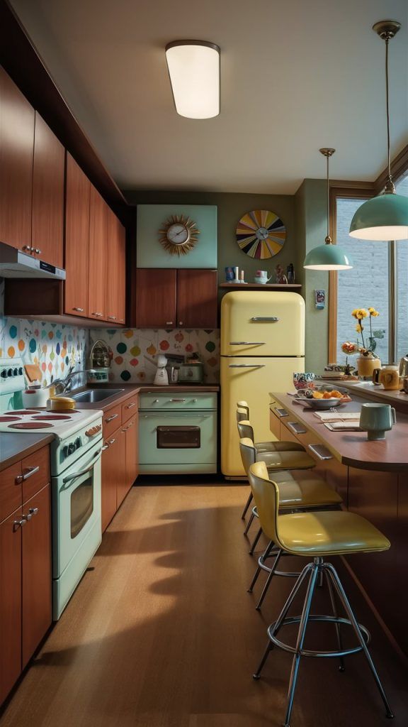 an old fashioned kitchen with yellow appliances and wood cabinets