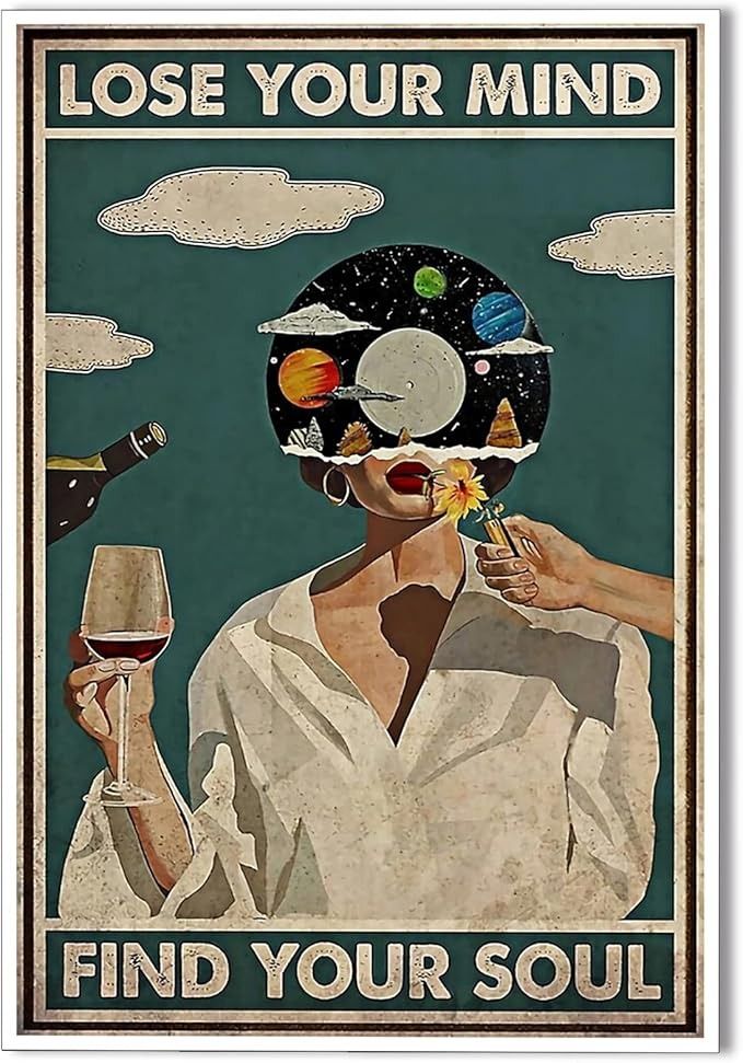 a poster with an image of a man holding a wine glass in front of his face