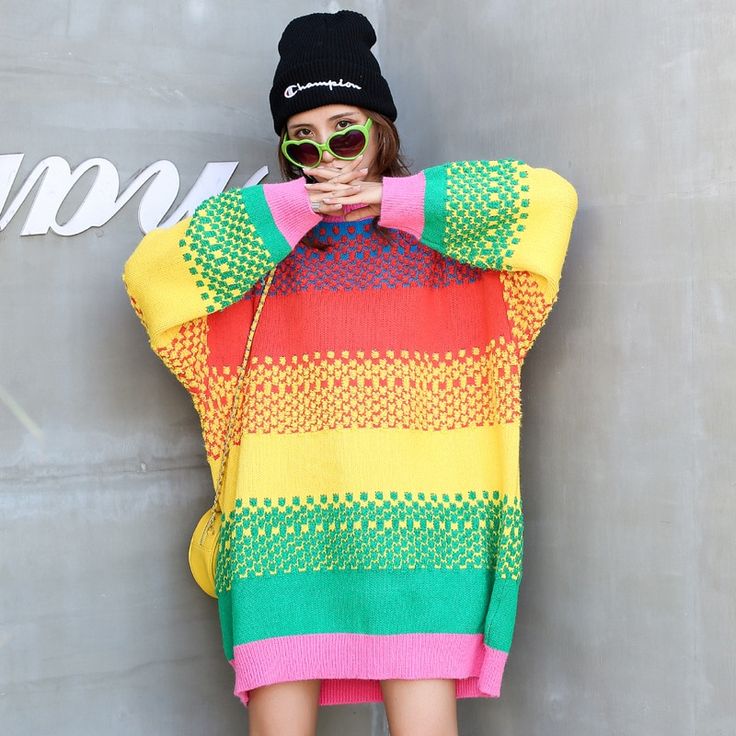 Rainbow Colorful Oversized Knitted Pullover - Kuru Store Oversized Rainbow Casual Sweater, Casual Oversized Rainbow Sweater, Trendy Oversized Color Block Sweater, Trendy Long Sleeve Rainbow Sweater, Trendy Rainbow Long Sleeve Sweater, Casual Multicolor Long Sleeve Sweater, Multicolor Long Sleeve Casual Sweater, Colorful Long Sleeve Casual Sweater, Green Crew Neck Sweater With Color Matching