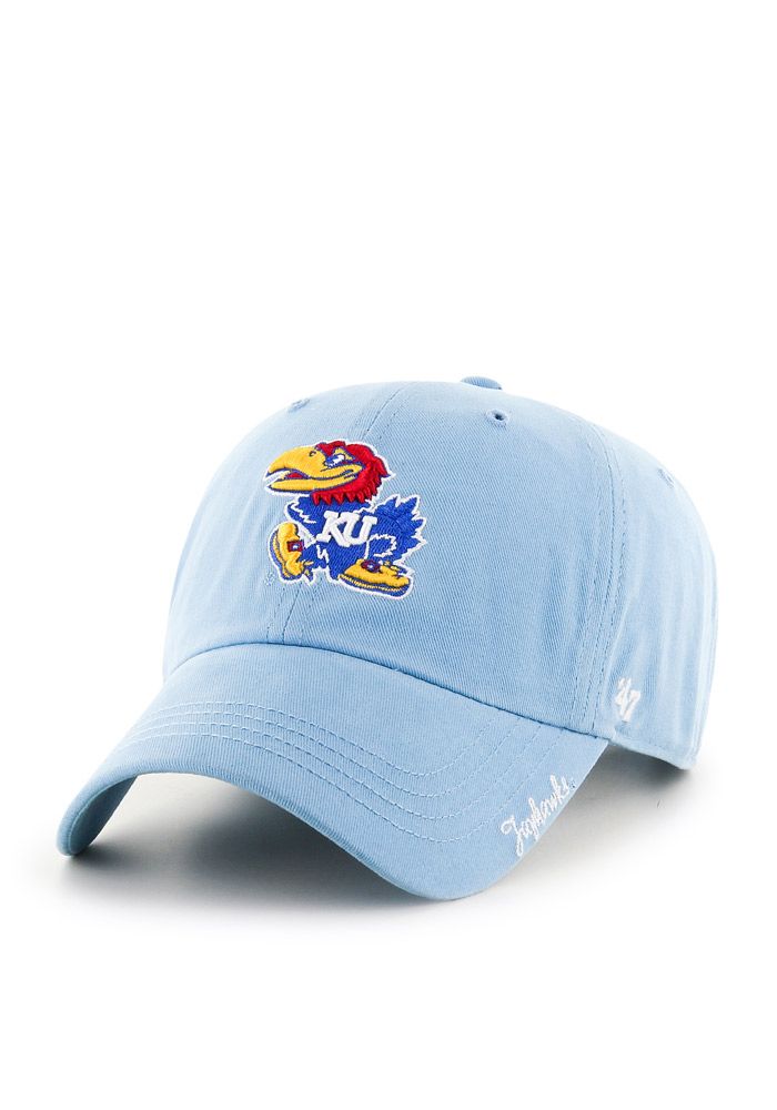 Dress like the most fashionable fan around with this Kansas Jayhawks 47 Womens Light Blue Miata Clean Up Adjustable Hat! This KU Jayhawks Womens Adjustable Hat features a relaxed fit design w/ raised embroidery logo on the front and team name on visor, so now everyone will know how much you love your Jayhawks. Go KU Jayhawks! Raised embroidered team logo on the front, Flat embroidered team name on the visor, 100% brushed cotton material, Unstructured, relaxed fit, Pre-curved bill, Adjustable bac Casual Curved Brim Hat For Game Day, Blue Baseball Fan Merchandise Hats, Blue Fan Merchandise Hats For Baseball Season, Casual Baseball Cap For Fan Gear With Flat Brim, Blue Hats For Baseball Season Fan Merchandise, Casual Baseball Cap With Flat Brim For Fans, Blue Curved Brim Fan Merchandise Hat, Casual Game Day Cap, Casual Adjustable Hat For College