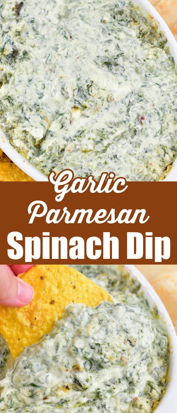 garlic parmesan spinach dip in a white bowl with tortilla chips