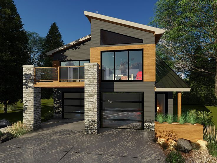 this is an artist's rendering of a two story house with garage and balcony