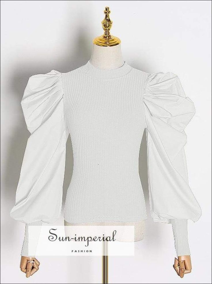 Women White Ribbed top with Long Puff Ruched Sleeve O Neck Blouse casual style Fitted Blouse With Elastic Sleeves For Fall, Non-stretch White Tops For Fall, Solid Puff Sleeve Top With Ruched Detail, Casual Ruched Puff Sleeve Long Sleeve Top, Casual Long Sleeve Ruched Puff Sleeve Top, Casual Ruched Puff Sleeve Long Top, Solid Ruched Puff Sleeve Tops, Casual Puff Sleeve Blouse For Winter, Fitted Solid Tops With Pleated Sleeves