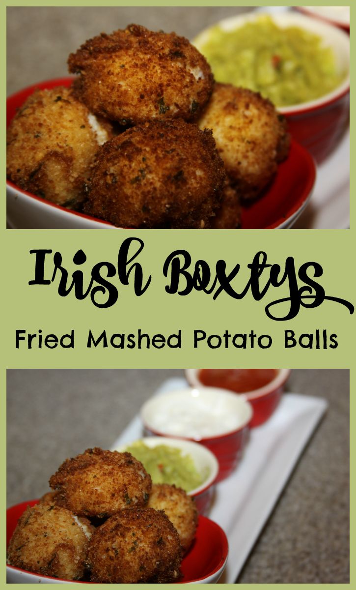 fried mashed potato balls are served in small red bowls