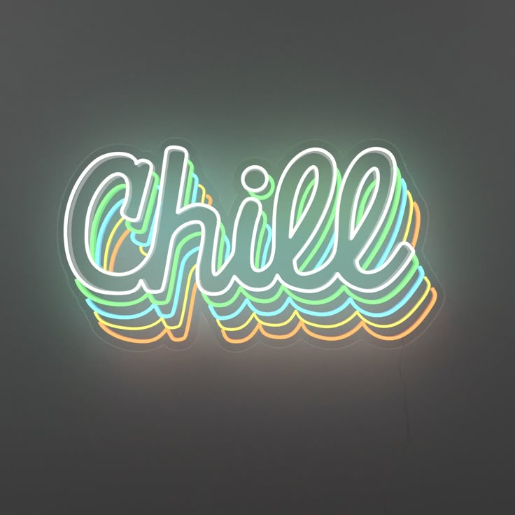 a neon sign with the word chill on it's side in front of a dark background