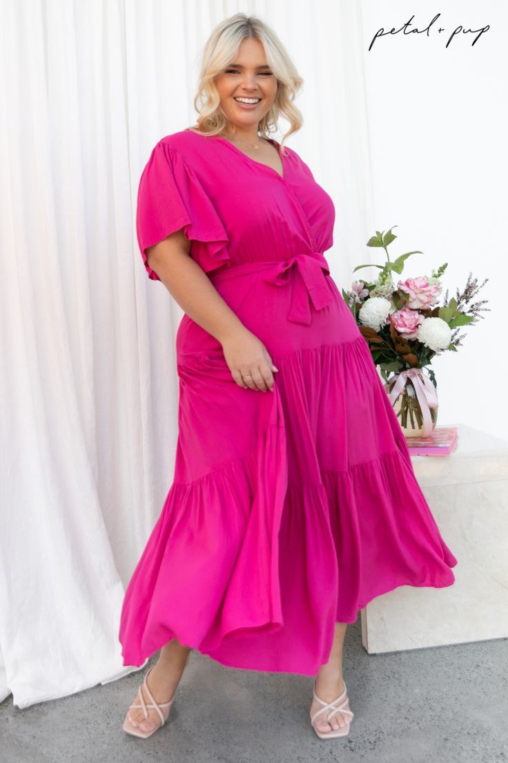 Hot pink maxi dress, pink flowy dress, short sleeves, tiered dress, tie front maxi dress, summer dress Chic V-neck Midi Dress With Tie Fastening, Summer Midi V-neck Dress With Tie Waist, Summer Flowy V-neck Dress With Tie Waist, Flowy Summer V-neck Dress With Tie Waist, Pink Belted V-neck Midi Dress, Flowy Midi-length Wrap Dress With Tie Waist, Chic Midi Dress With Flutter Sleeves For Vacation, Summer V-neck Dress With Tie Waist And Short Sleeves, Chic Flowy Midi Dress With Tie Waist