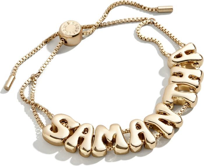 BaubleBar Bubble Custom Slider Bracelet | Nordstrom Personalized Adjustable Metal Name Bracelet, Trendy Adjustable Jewelry With Custom Name, Trendy Adjustable Custom Name Jewelry, Adjustable Chain Name Bracelet For Personalized Gifts, Adjustable Name Bracelet For Personalized Gift, Trendy Custom Name Adjustable Bracelet, Gold Adjustable Name Bracelet In Casual Style, Personalized Gift Name Bracelet With Adjustable Chain, Trendy Personalized Adjustable Name Bracelet