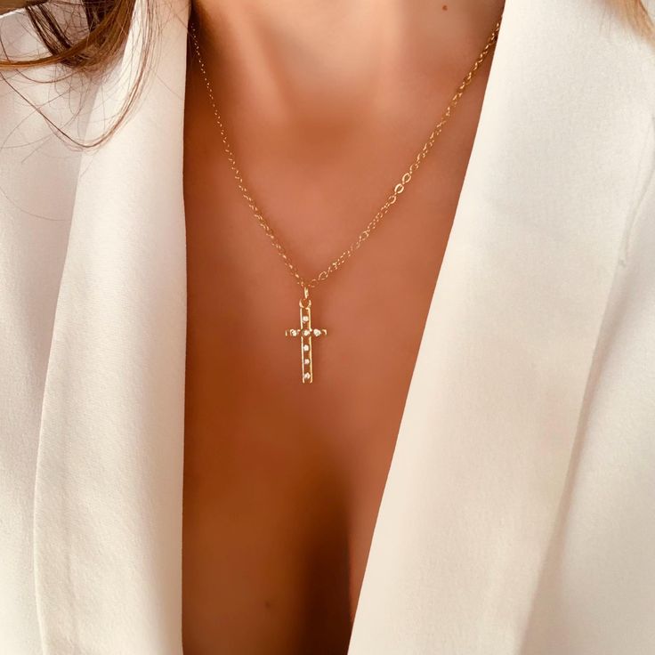 18K Gold plated Cross Pendant Necklace  ✨ Minimalist Cross necklaces are extremely on trend right now within all fashion circles and I created this handmade accessories for you. Perfect for every occasion. This trendy necklace is handmade of 18K Gold Plated. ✨ This necklace includes a 18K Gold Plated chain (18") with 18K Gold Plated minimalist Cross pendant, with 7 cubic zirconia gemstones,. A chain attached to the lobster claw.  Cross pendant  2.9 cm height  ✨High quality materials and attentio Cross Necklaces, Trendy Necklace, Necklace Diamond, Diamond Cross Pendants, Necklace Minimalist, Diamond Cross, Trendy Necklaces, Cross Pendant Necklace, Gift For Wife