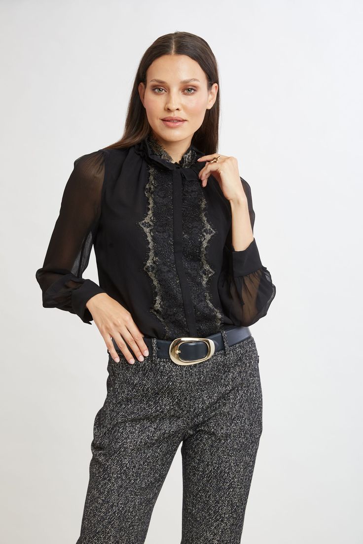 Elevate your wardrobe with this statement blouse, where sheer elegance meets intricate design. The delicate metallic Chantilly lace trim lends a feminine edge to the crinkle silk chiffon body. With its lace trim neckline and front closure, this piece exudes understated elegance. Pair it with our Metallic Tweed Pants for a chic day look or dress it up with Satin for night.     Limited Edition 50th Anniversary Collection    Elie Tahari Exclusive    Metallic Trim Crinkle Chiffon Silk Shirt with She Chantilly Lace Trim, Statement Blouse, Tweed Pants, Tahari Dress, Metal Lace, Long Sleeve Short Dress, Elie Tahari, Chantilly Lace, Understated Elegance