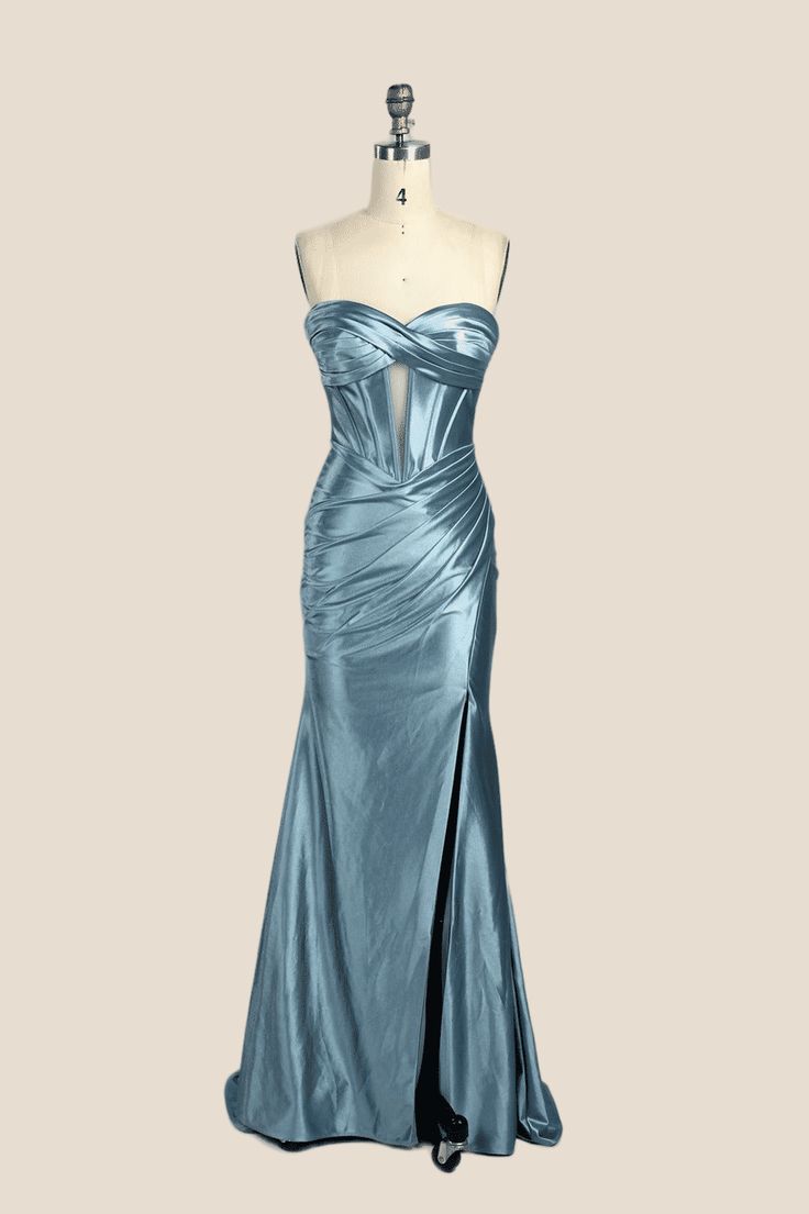 Silk Dresses For Prom, Ruched Corset Dress With Fitted Bodice For Gala, Pre-draped Prom Gown For Prom Season, Pre-draped Ruched Evening Dress With Sweetheart Neckline, Strapless Ruched Dress With Draped Fitted Bodice, Ruched Strapless Dress With Draped Fitted Bodice, Ruched Satin Corset Dress For Gala, Pre-draped Ruched Gown With Fitted Bodice, Satin Mermaid Dress With Sweetheart Neckline For Evening