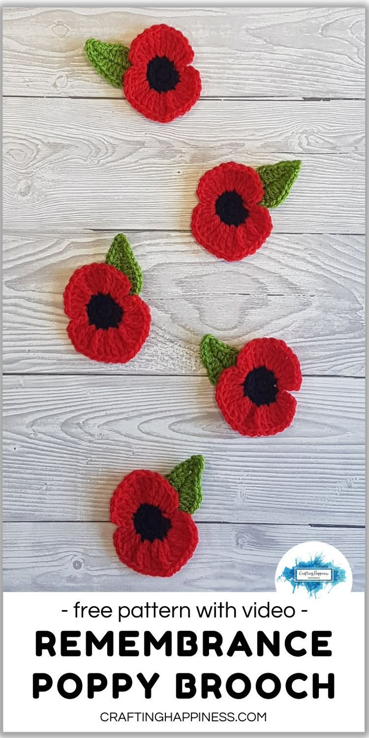 crocheted poppys with the words remembrance poppy brooch