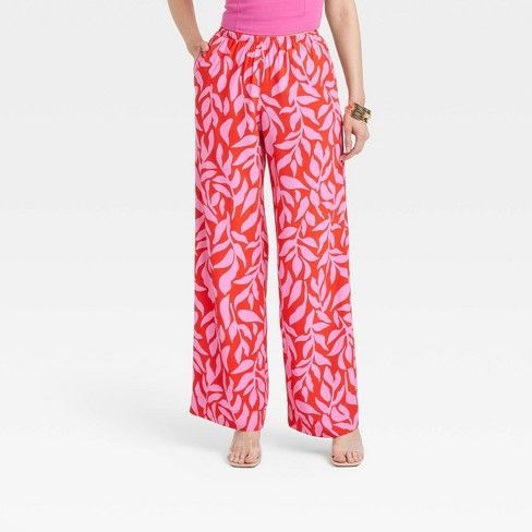 Women's Mid-Rise Pull-On Pants - A New Day™ Pink/Red Leaf Print XS Target Clothes, Crepe Fabric, Womens Clothing Sizes, Bottom Clothes, Leaf Print, Pull On Pants, Straight Pants, A New Day, Bottoms Pants