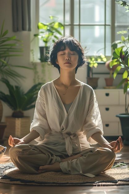 a woman is sitting in the middle of a yoga pose, with her eyes closed