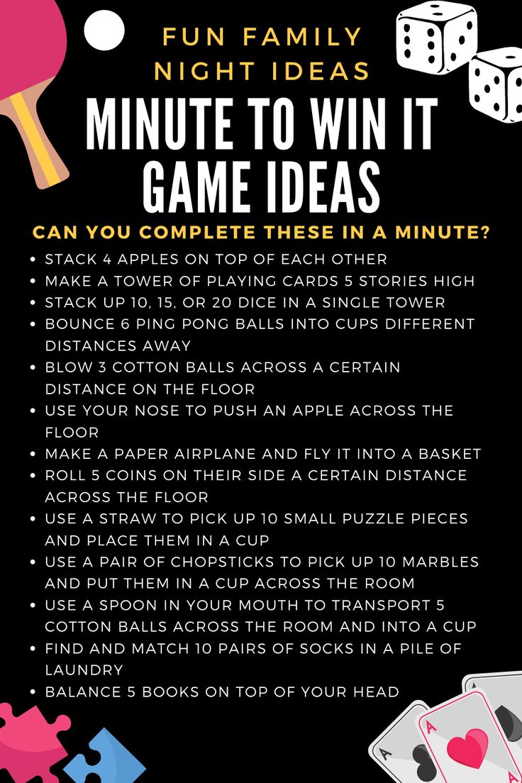 a flyer for the fun family night idea's minute to win it game ideas