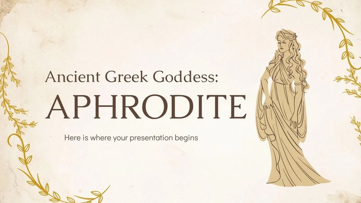 an ancient greek goddess with the words aphrodite written in gold on a white background