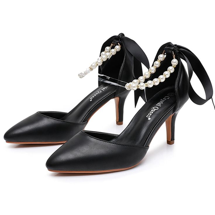 Details: Style:Elegant, Chic Heels Type:Stiletto Heel height: 7.5cm Embellishment: Ribbons,Faux Pearl Closure Type:One-Strap Buckle Toe:Pointed Toe Upper Material:PU Leather Sole Material:Rubber Lining Material:PU Leather Occasion: Suitable for office meetings, corporate events, formal dinners, and evening engagements. Luxury Black Pointed Toe Lace-up Shoes, Elegant Pointed Toe Wedge Sandals With 4-inch Heel, Black Pointed Toe Synthetic Heels, Ribbon Sandals, High-end Black Pointed Toe Heels, Black Evening Pumps With 4-inch Heel, The Scene, Chic Heels, Roman Fashion