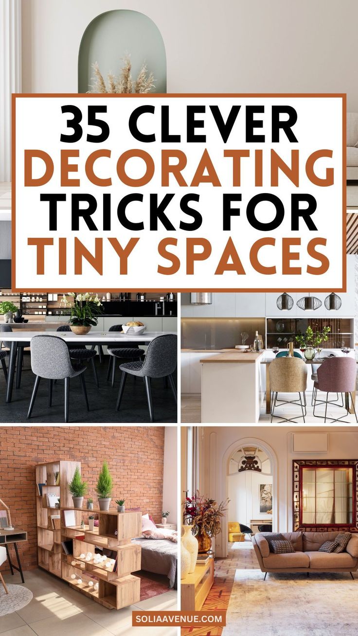 there are many different types of furniture in this collage with the words 35 clever decor tricks for tiny spaces