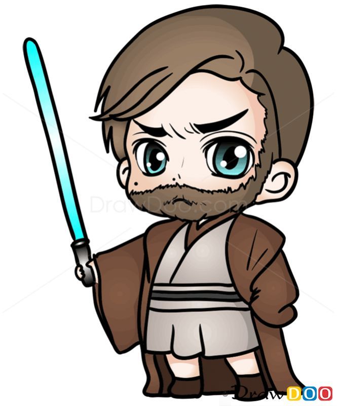 a cartoon character with a beard and blue eyes holding a light saber in his hand