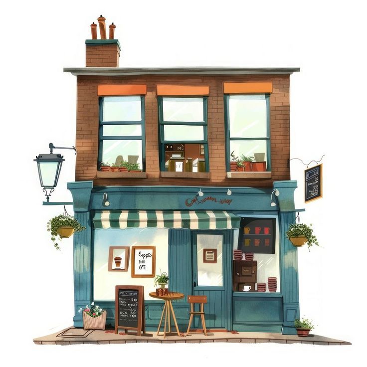 a drawing of a small store front with potted plants on the windows and an awning