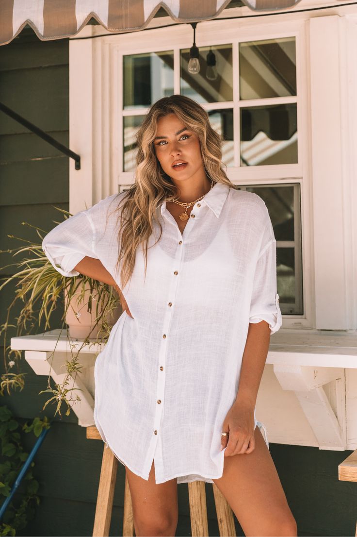 ~ 55% Linen, 45% Viscose ~ Oversized tunic length ~ Long sleeve button up ~ Curved U-shape hem ~ High-low length ~ Can wear as a long sleeve or as a 3/4 sleeve ~ Model is 5'9" wearing a size Medium Sleeve Model, Oversized Tunic, Tunic Length, Oversized Shirt, Capsule Wardrobe, High Low, Rome, Style Me, Button Up