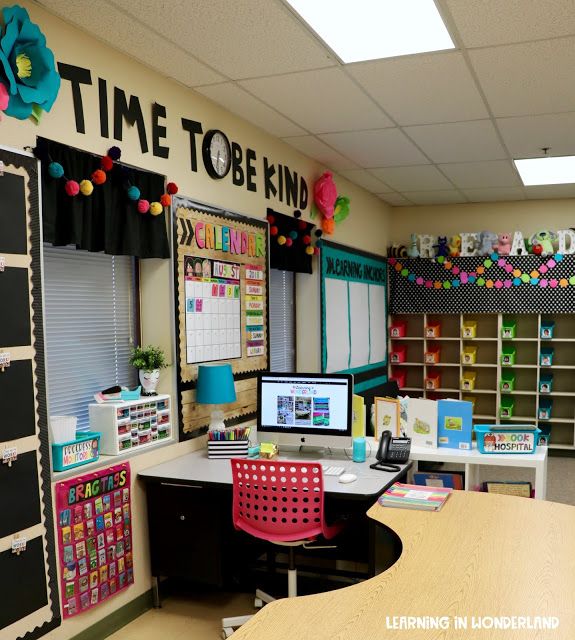 an empty classroom with desks and chairs in front of the wall that says time to be kind