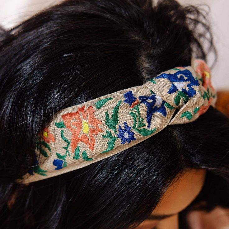 This headband is pure magic! Designed with a true embroidered fabric in the prettiest vintage floral pattern. The colors in this headband are sooo incredibly pretty and easy to throw in your hair. It will make your outfit come alive, so you definitely need it! Vintage Spring Headband, Bohemian Headband For Spring, Cream Hair Accessories With Matching Headband For Summer, Bohemian Spring Headband, Vintage Spring Headband Headpiece, Spring Multicolor Headband For Festival, Multicolor Headband For Spring Festival, Multicolor Headband For Spring, Multicolor Spring Headband