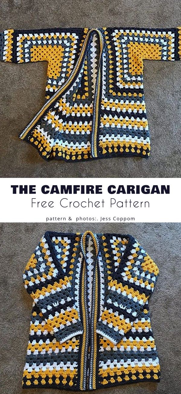 two crocheted sweaters are shown with the text, the campfire cardigan free crochet pattern