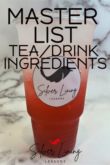 a red drink sitting on top of a marble counter with the words master list tea / drink ingredients