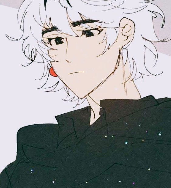 an anime character with white hair and black shirt looking at the camera while wearing red earrings