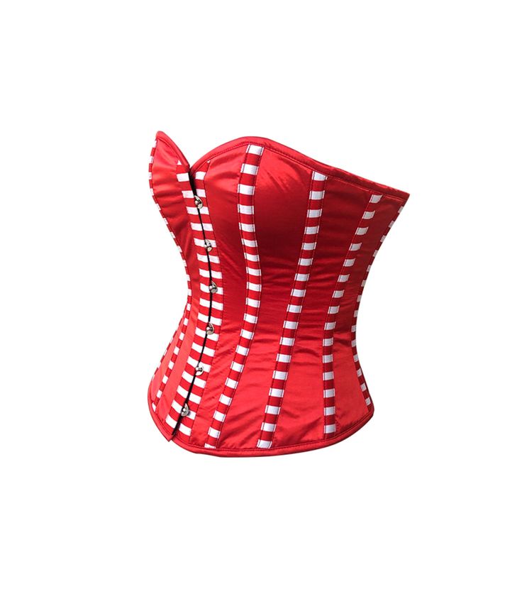 Red Satin Corset adorned with stripes on piping and front panel, makes it a perfect Christmas Costume Specifications: - Overbust pattern perfect for long, medium & short torso female. Front length is 14 inches (35.5 cm). Bust to bottom length is 15.5 inches (39.4 cm). Side length is 12.5 inches (32 cm). Back Length is 12.7 inches (32.3 cm). Bone: 10 Spiral steel bones are distributed all around the corset. Bone: 4 Flat bones are located at the back of the Corset. Front opening is Steel Busks Red Strapless Corset With Corset Back, Red Sleeveless Corset For Costume Party, Red Sleeveless Corset With Boning, Red Strapless Corset Dress For Costume Party, Red Sleeveless Boned Bodice Corset, Red Corset With Corset Back For Costume Party, Red Fitted Corset With Boning, Red Corset With Fitted Bodice And Corset Back, Red Underbust Corset Dress For Costume