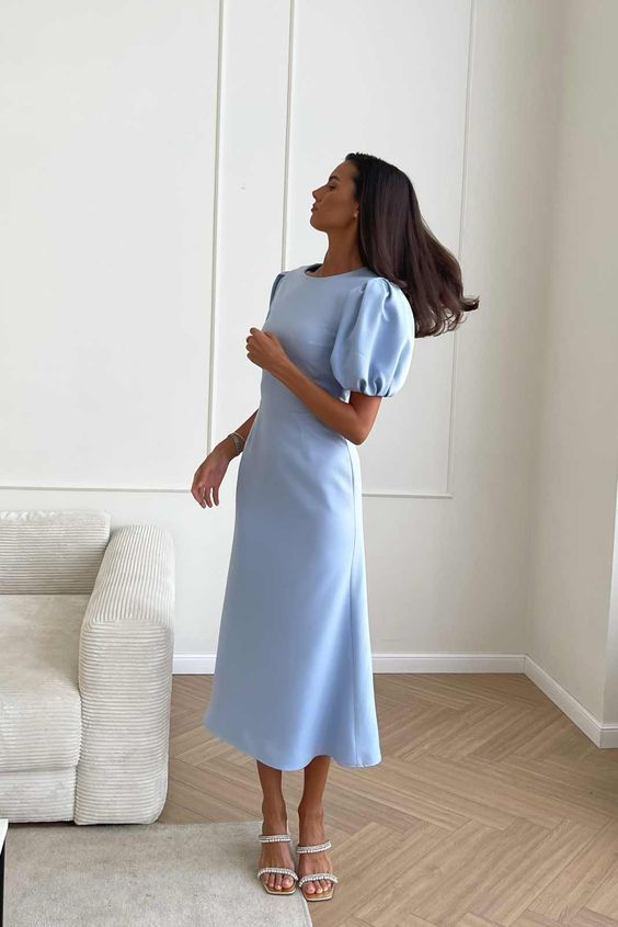 Blue Chic Outfit Classy, Midi Dresses Aesthetic, Modest Chic Dresses, Simple Blue Dress Classy, Light Blue Wrap Dress, Classic Wedding Dress Modest, Blue Silk Dress With Sleeves, Modest Simple Dresses, Elegant Modest Dress