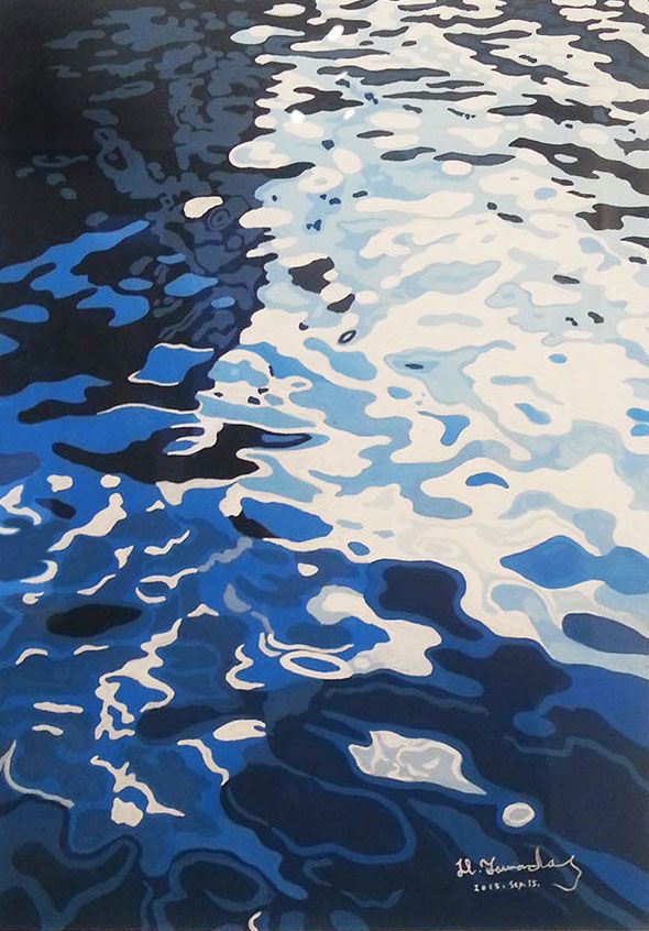 an abstract painting of blue water with white clouds and reflections on the water's surface