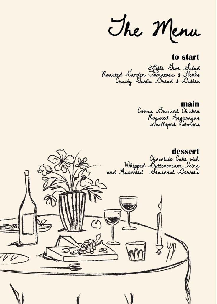 the menu for a restaurant with wine glasses and flowers on a round table, surrounded by other food items